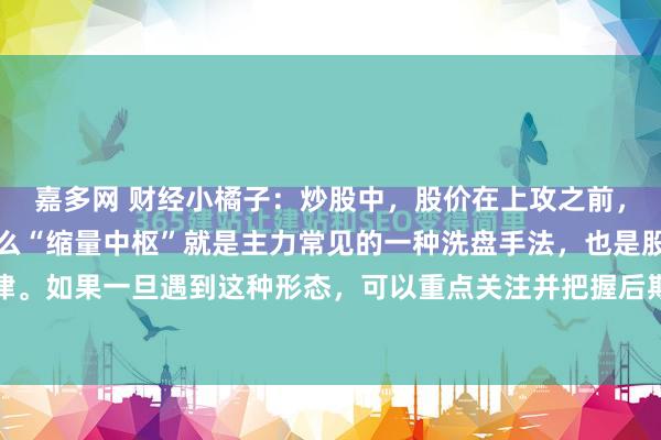 嘉多网 财经小橘子：炒股中，股价在上攻之前，往往会有洗盘动作，那么“缩量中枢”就是主力常见的一种洗盘手法，也是股价的运行规律。如果一旦遇到这种形态，可以重点关注并把握后期突破时机，便能抓住主升浪行情！缩...
